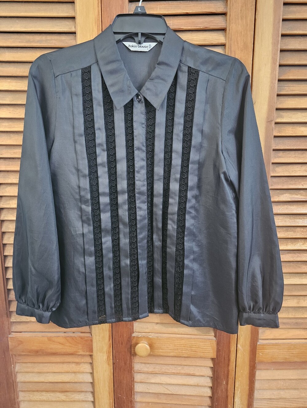 Vintage Japanese Itokin Black Lace Stripe Button-Up Blouse Women's Medium